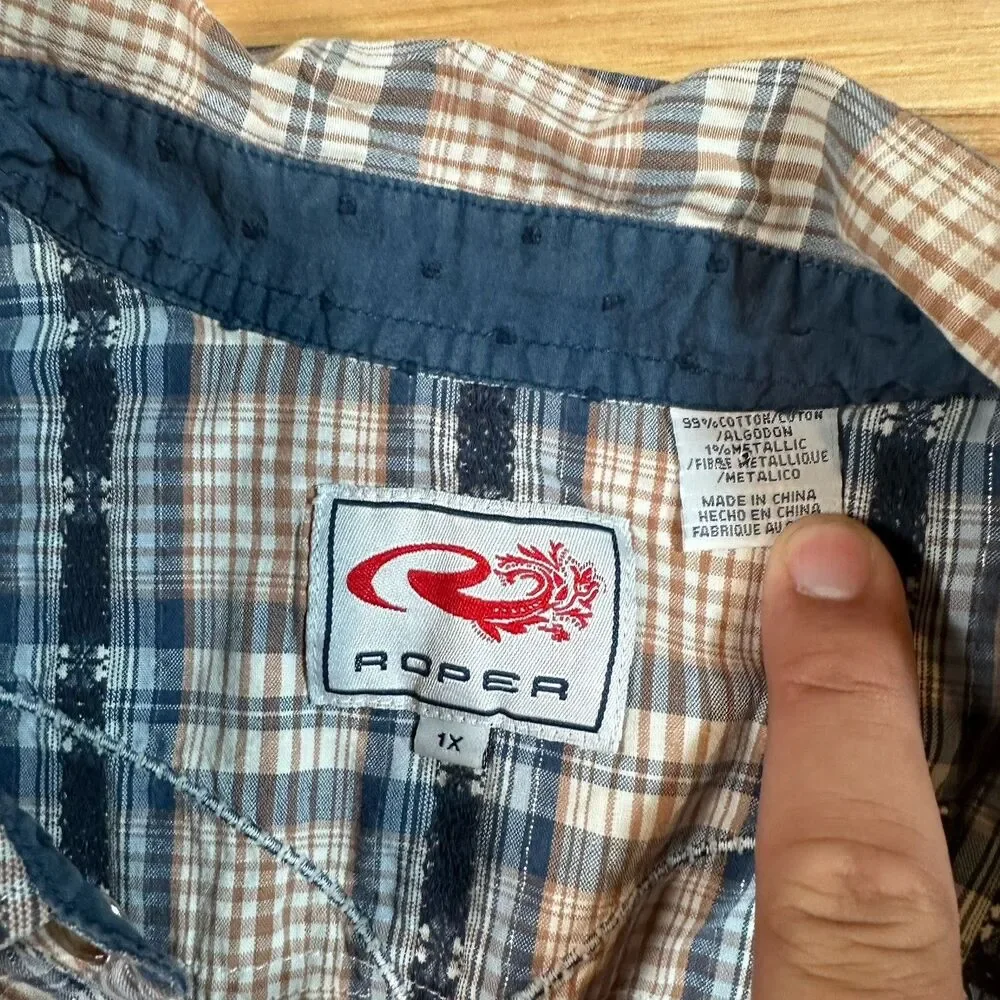 Roper Women's Shirt XL Long Sleeve Pearl Snap Up Western White/Blue/Red Plaid